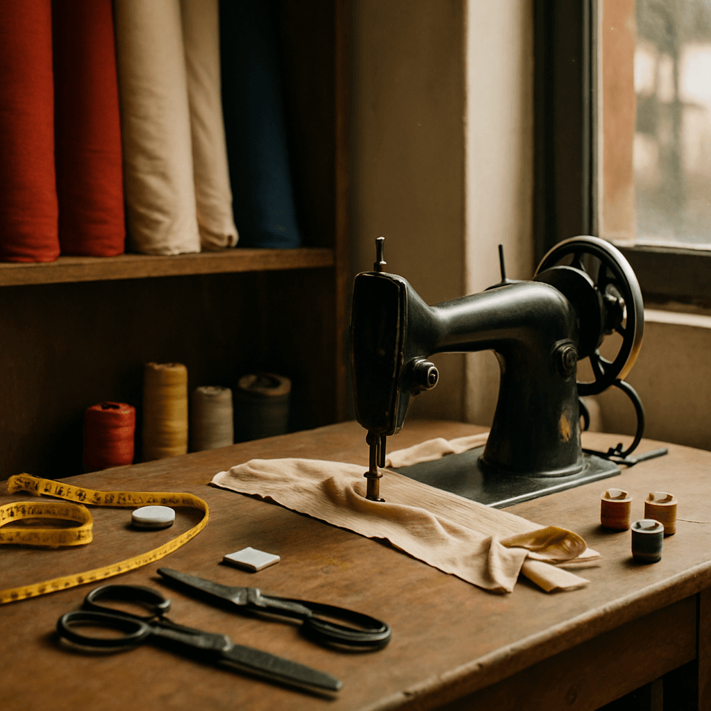 A tailor's workshop with fabric and sewing equipment